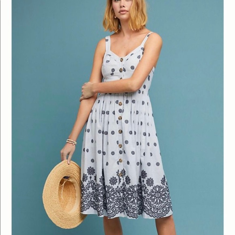 Anthropologie Maeve Savoy Navy Blue and White Pinstripe Buttondown Midi Dress